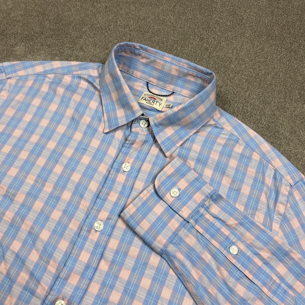 Faherty The Movement Shirt Mens Medium Blue Pink Plaid Long Sleeve Button Up